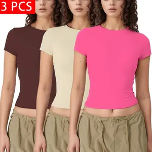 3 PCS Women's Round Neck Short Sleeve T-Shirt Double Lining Slim T Shirt Basic Y2K Tops Spring/Spring/Autumn waist - length cropped style 005