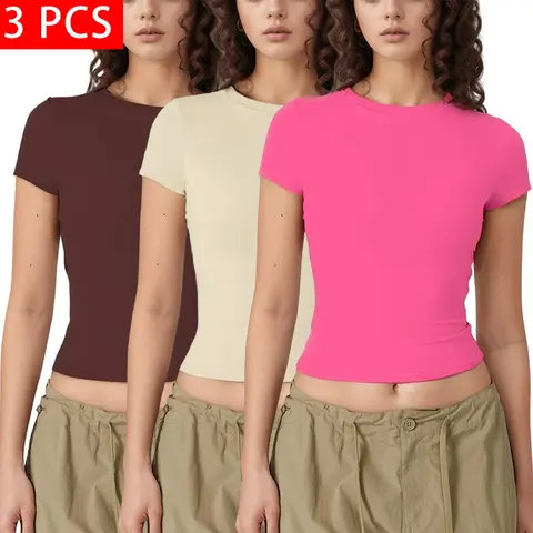 3 PCS Women's Round Neck Short Sleeve T-Shirt Double Lining Slim T Shirt Basic Y2K Tops Spring/Spring/Autumn waist - length cropped style 005