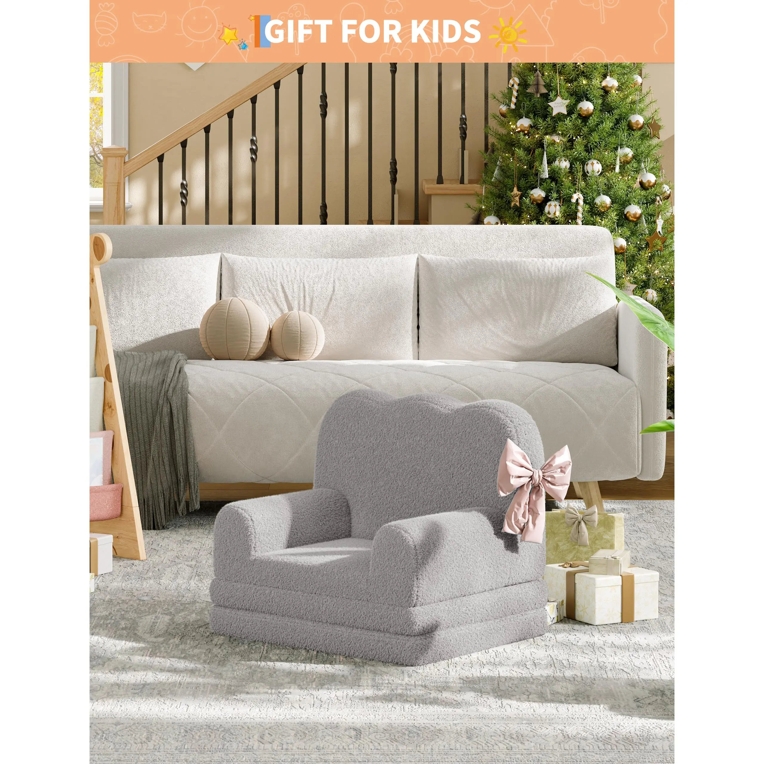 2-in-1 Foldable Kids Sofa, Convertible Toddler Couch to Sleeping Lounger, Plush Sherpa Upholstered Chair, Great Gift for Little Boys and Girls