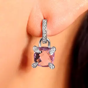 Sterling Silver Pink Rounded Square Crystal with Edged CZs Huggie Earrings, Made in Italy