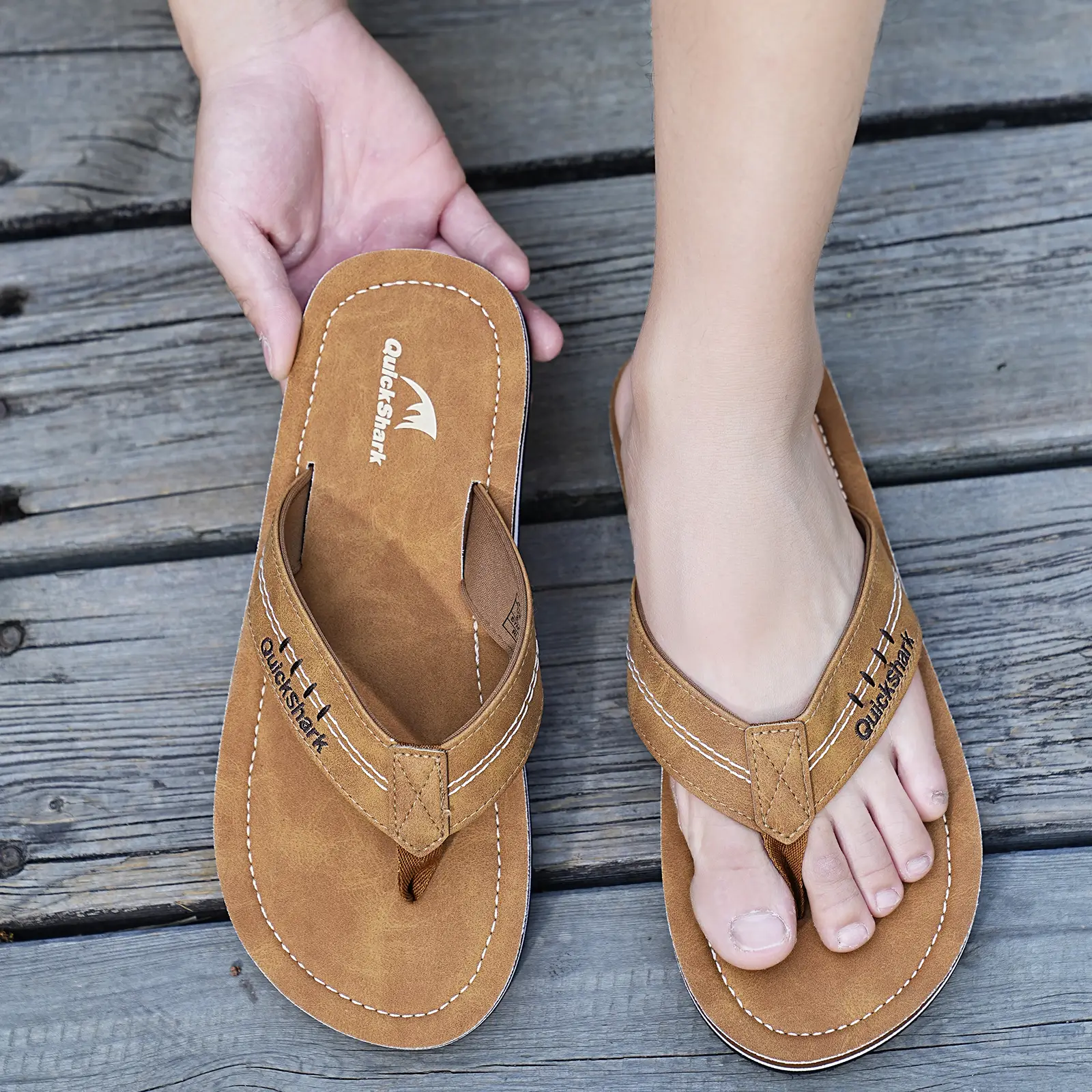 Quickshark Mens Flip Flops Leather Thong Sandals Arch Support Beach Slippers