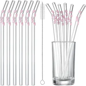 6 count  Cherry Blossoms Glass Straws with Charms Cute  Straws Glass with Brush Flower Shaped Clear Drinking Sucker Spring Party Decor Bachelorette Decor Bridal Engagement Drinkware