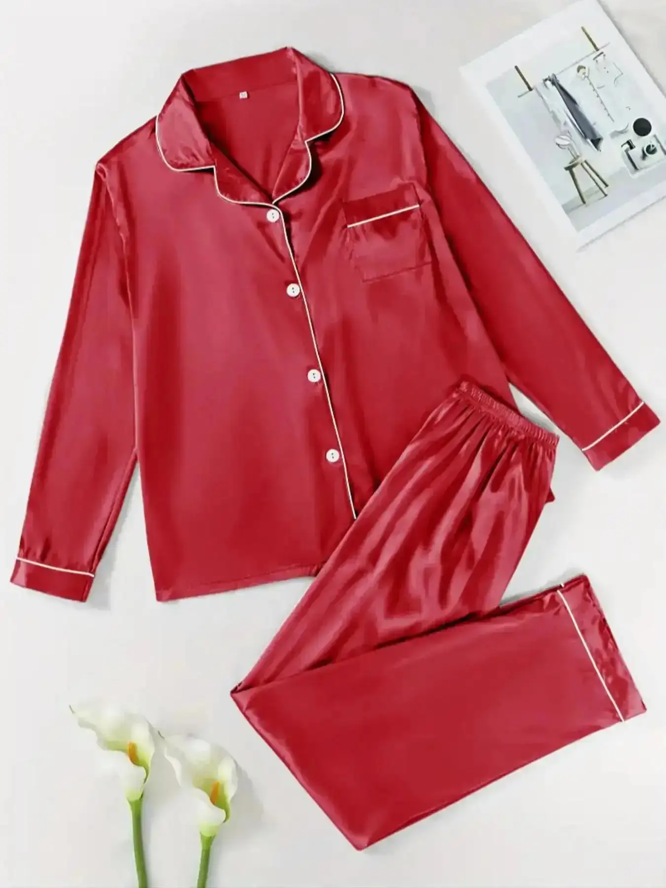 Women Solid Contrast Binding Satin Pyjamas 2026 Long Sleeve Lapel Button Front Shirt Elastic Waist Pants Comfortable Sleepwear Set Nightwear Lounge
