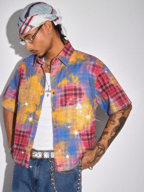 Men Plaid Short Sleeve Denim Shirt with Rhinestone Detail for Casual Street Wear funny graphic tee funny shirts for men funny shirts 90s graphic tees men sweatsuit set 67 shirt cute boyfriend gifts fall clothes dad christmas gift clearance