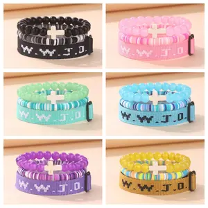 Christian Cross WWJD Bracelet Set WWJD Braided Rope Bracelet Cross Crystal Beads Stretch Bracelets Religious Christian What Would Jesus Do Handmade Woveen Wristbands Bracelet