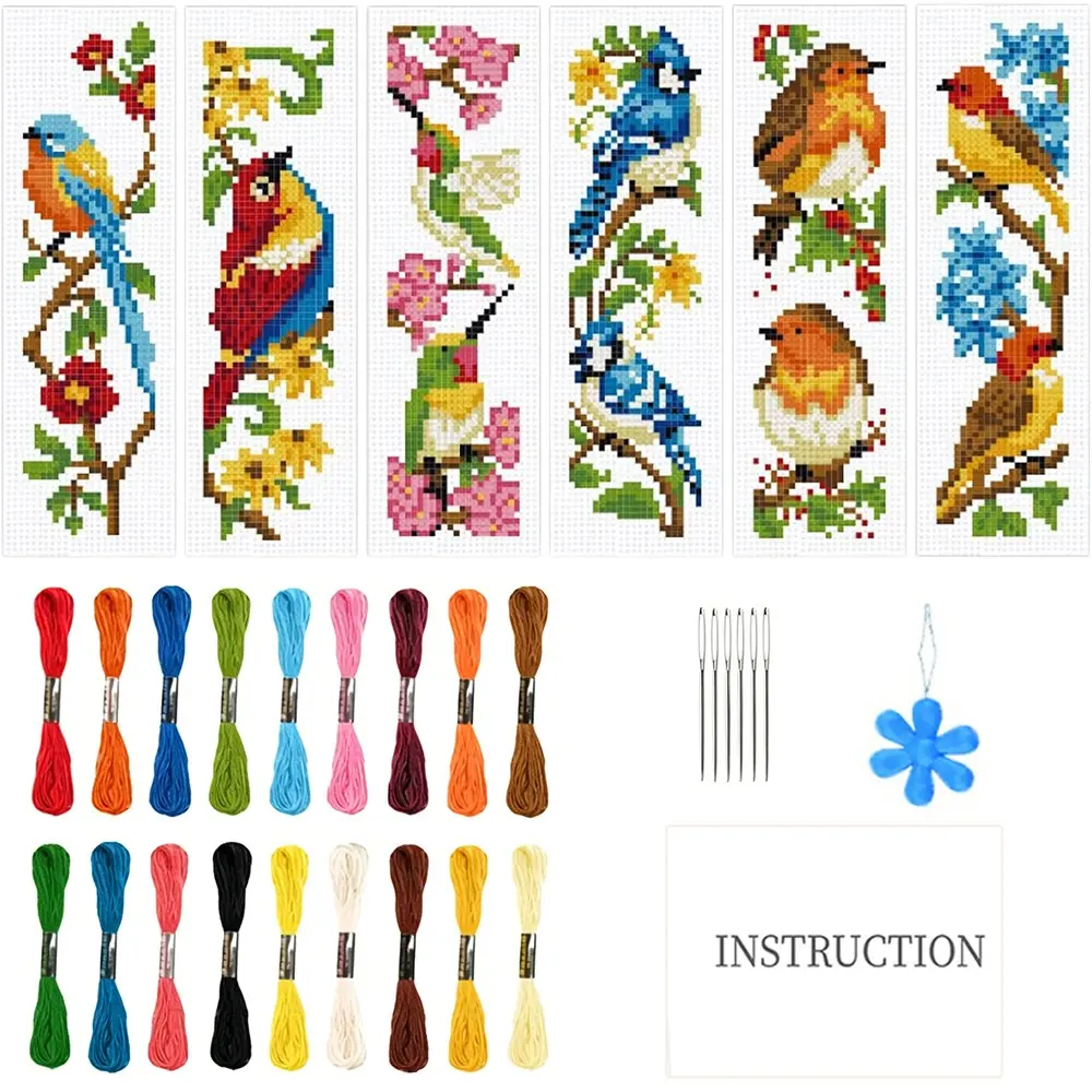6-Piece Bird Cross Stitch Bookmark Kit, DIY Art Set for Beginners, Includes Fabric, Threads, Tools, Perfect for Sewing Lovers