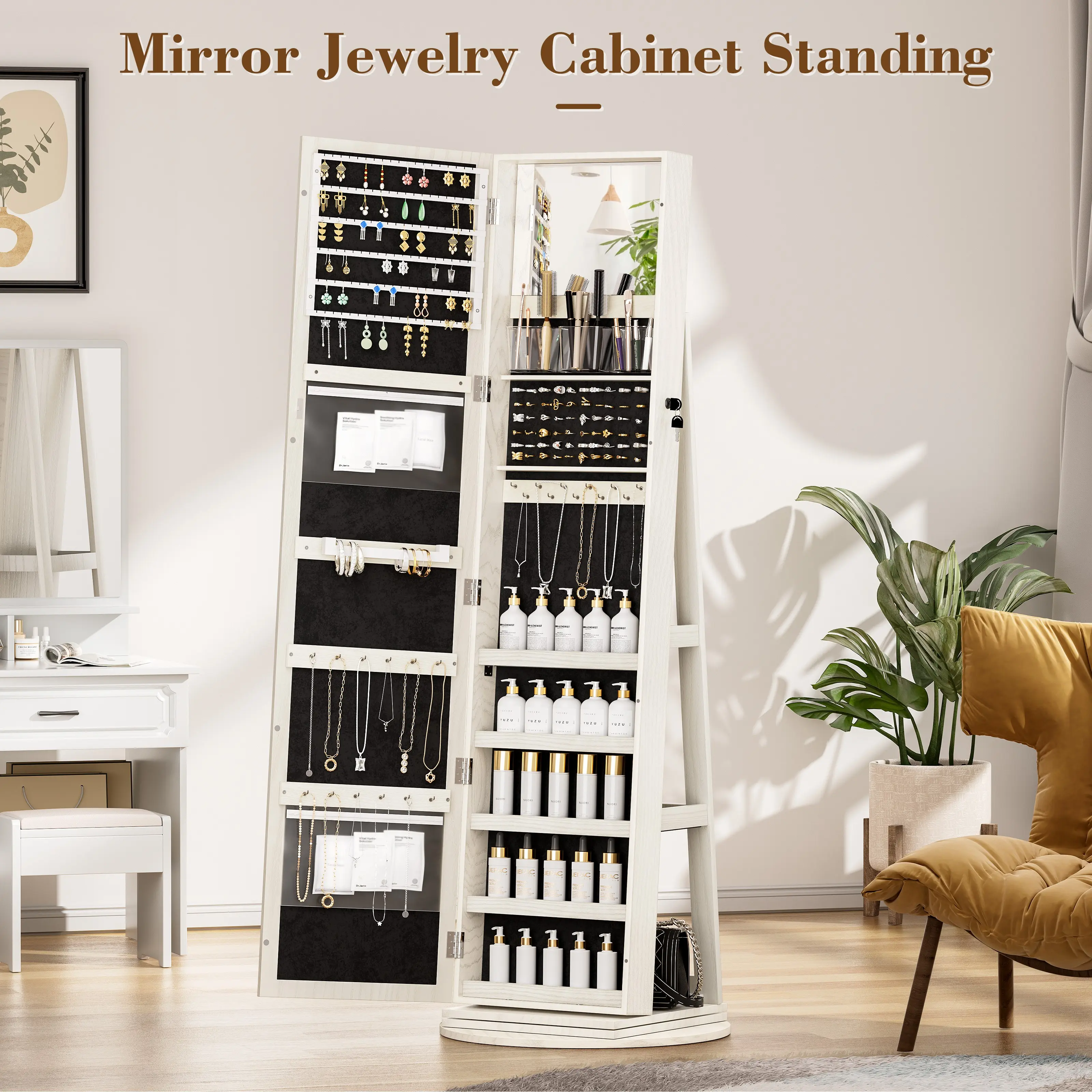 Summervibes LHBCRAFT Mirror Jewelry Cabinet Standing with Frame, jewelry armoire, Mirror with Storage, Standing Jewelry Armoire Organizer, Mirror Cabinet
