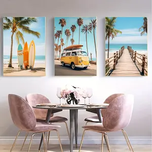 3 Pieces Framed Beach Surfing Wall Art Canvas Prints: Summer Travel Theme, Perfect Gift for Bedroom, Living Room, or Corridor Decor - Reusable, Rectangular