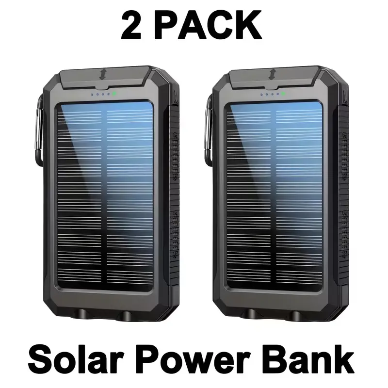 10,000 solar power bank, supports family bundle packs, serves as a portable phone charger for outdoor use and as an emergency external battery for camping. Dual USB ports allow simultaneous charging, with a built-in LED flashlight, suitable for all outdoo