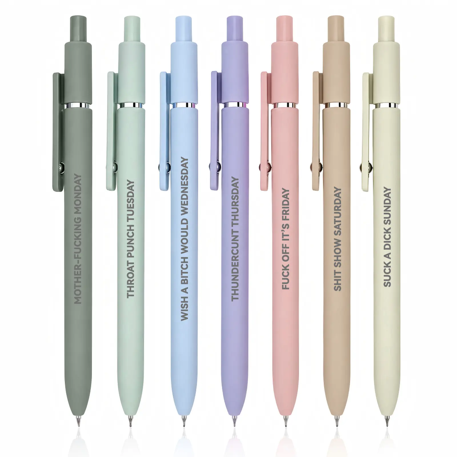 7-Pcs Multicolor Gel Ink Pen Set with Built-In Clip, Every Day Days of the Week Swear Word 2-in-1 Quick-Dry Fine Point Stylus Pens, Cute Novelty Office Gifts for Coworkers