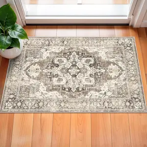 2x3 Entryway Rug: Non Slip Vintage Door Mat Indoor with Rubber Backing for Living Room Bedroom Bathroom Non Shedding Farmhouse Carpet Runner (Beige, 2X3)