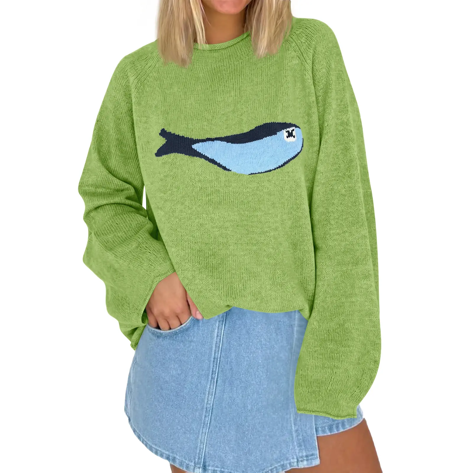 TANKANEO Women's Oversized Fish Print Sweater, Casual Baggy Long Sleeve Roll Neck Chunky Knit Pullover