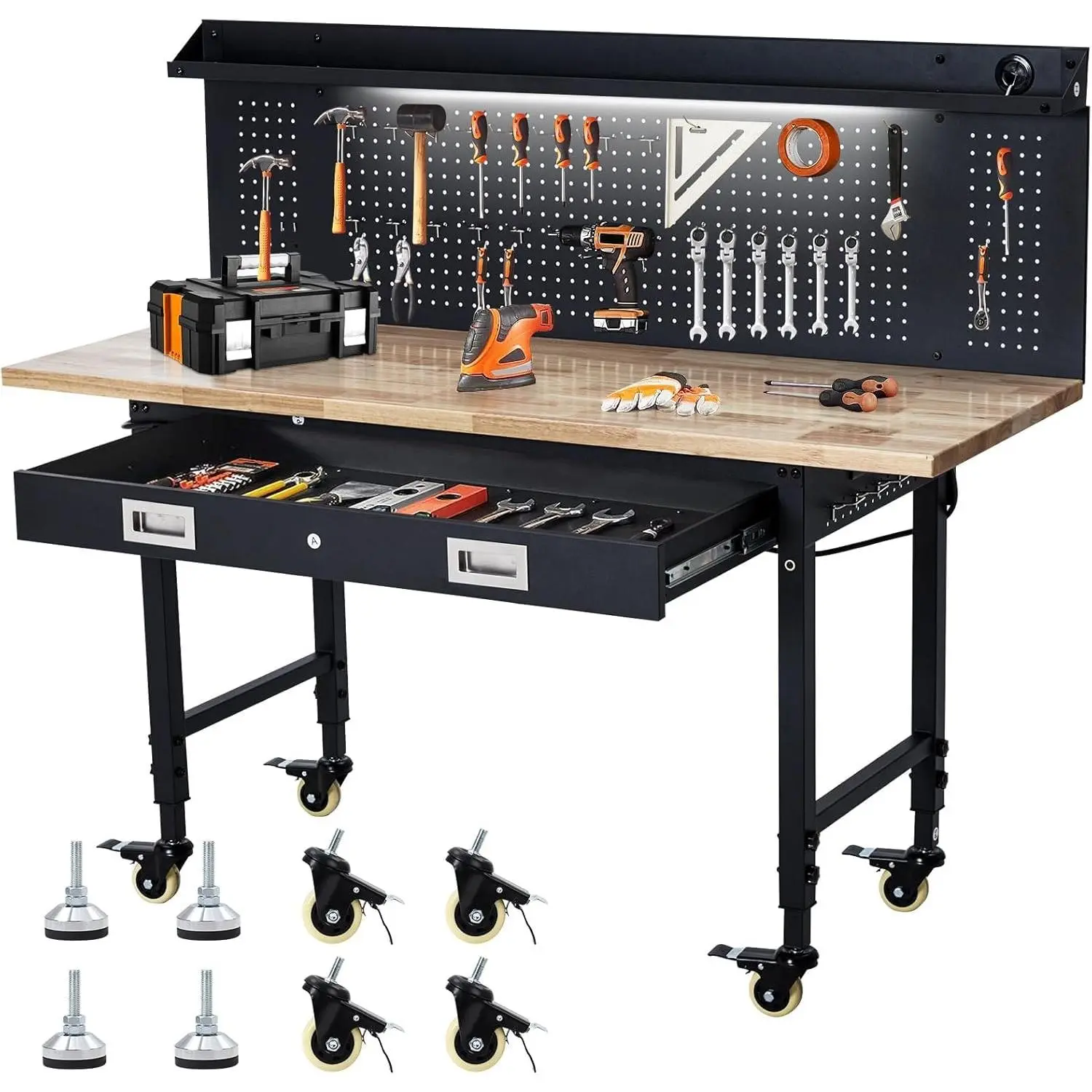 GAOMON Adjustable Heavy-Duty Rectangular Rolling Workbench with Wheels - 60x22 in Rubber Wood Top, 2200lb Capacity, Power Outlets, Drawers, Pegboard Wall, Lockable Casters for Garage, Workshop