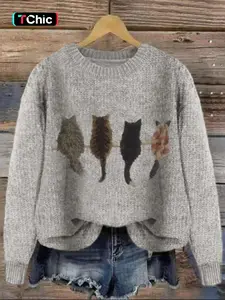 Women's Cat Print Drop Shoulder Sweater, Casual Long Sleeve Round Neck Jumper for Fall & Winter, Fashion Ladies' Knitwear for Daily Wear