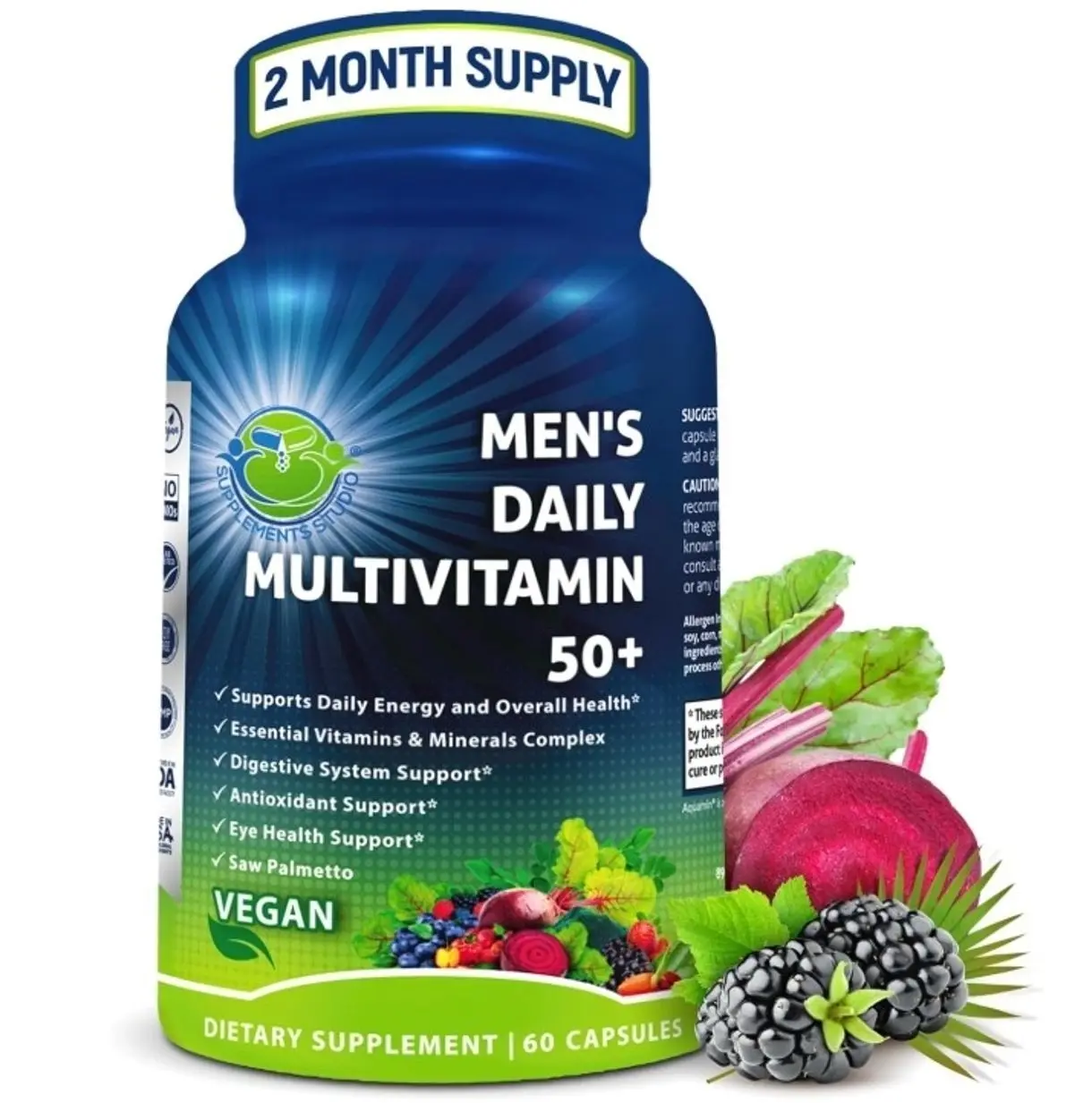 Men's Daily Multivitamin 50 Plus - Vegan Methylated Multivitamin for Men 50 and Over - Saw Palmetto, Biotin, Organic Superfoods, Lutein - Eye, Energy, Gut, Health Support - Easy to Swallow Capsules