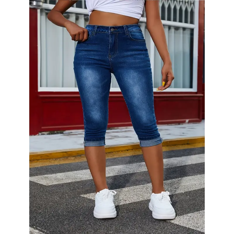 (New) Comfortable Fashion Women's Plus Size High-Elasticity Skinny Fit Rayon-Elastane Capri Pants - Stretchy, Mid-Calf Length with Rolled Hem, Slash Pockets, Zip Closure - Versatile Streetwear (Light Blue), All Seasons, 5Xl, Fabric, Bottom