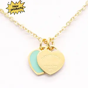 New luxury enamel pink double heart necklace, gold titanium steel, versatile new style