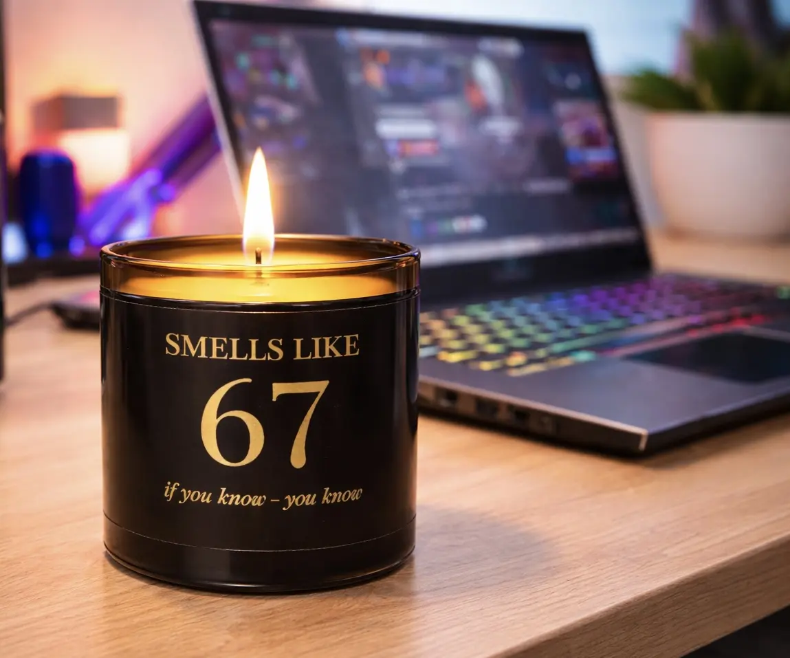 meme Smells Like 67 Soy Candle - Vanilla-Peach Aroma, Cozy Room Decor, Funny Gen Z Viral Meme Gift for Teens, Birthday Present
