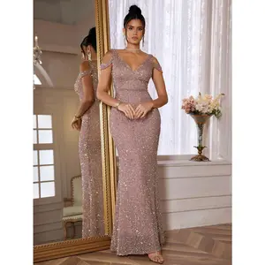 Elegant Off-Shoulder Fish Tail Dress, Women's Sequined Deep V Evening Gown, Luxurious Long Dress for Weddings and Parties