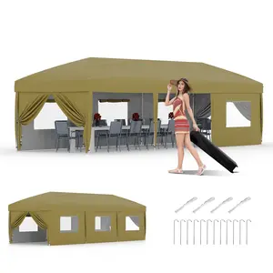 Garvee 10x30 Pop Up Canopy Tent with 8 Sidewalls, Large Party Tent for 30-50 People, Heavy Duty Event Tents with Waterproof & UV Protection, Includes Roller Bag, 8 Weight Bags & Stakes, Khaki
