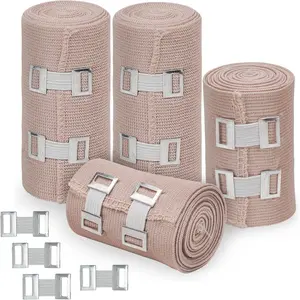 Elastic Bandage Wrap – 4 Pack Premium Compression Bandage Rolls + 4 Extra Clips | 2 Rolls of Each Size (4 Inch x 5 Feet & 3 Inch x 5 Feet), for Wrist, Calf, Ankle & Foot