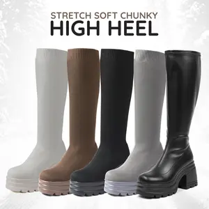 Womens Knee High Boots Comfy Wide Calf High Boots Square Toe Stretch Soft Chunky High Heel Knit Platform Spring Boots