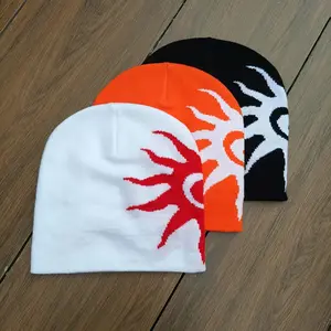Stylish Jacquard Beanies for Men & Women - Vibrant Sunburst Design in White, Orange, and Black - Perfect for Fall & Winter, Outdoor Activities, Casual Wear, and Ideas, Outdoor Headwear| Vibrant Beanie| Acrylic Hat, Christmas