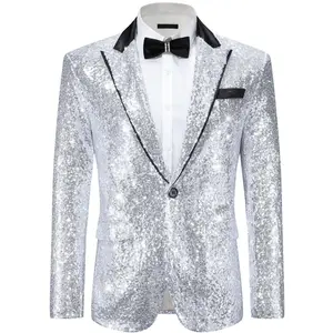 Lars Amadeus Men's Peak Lapel Disco Prom Wedding Party Tuxedo Sequin Blazer Silver Medium