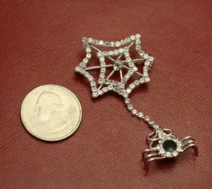 Rhinestone Spider Web Brooch Pin With Matching Earring, Crystal Halloween Jewelry Set