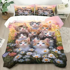2/3 Pcs Cat Trend Flower Meadow Bedding Quilt Cover Set, Includes Smooth Moist Quilt Cover & 1/2 Pillowcases (no filler), Soft Refreshing Skin-friendly, Fits Youth Aesthetic Apartment/Girlfriend Shared House/Student Dorm/Rental Space Sweet Duvet Set