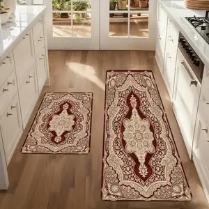 Traditional Burgundy Persian Kitchen Mat Non-slip Rubber Backing Floor Rug Non-woven Fabric Runner for Sink Entryway Red Oriental Floral Vintage Washable Indoor Area Carpet Water Absorbent Stain Resistant Low Profile Home Decor stylish