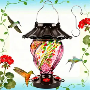 LUJII Solar-Powered RGB Lights Color-Changing Hummingbird Feeding Tool - Hand Blown Glass Art, 35 fl.oz Leakproof Waterproof Metal Illuminated Lantern, Purple Outdoor Garden Gift for Bird Lovers