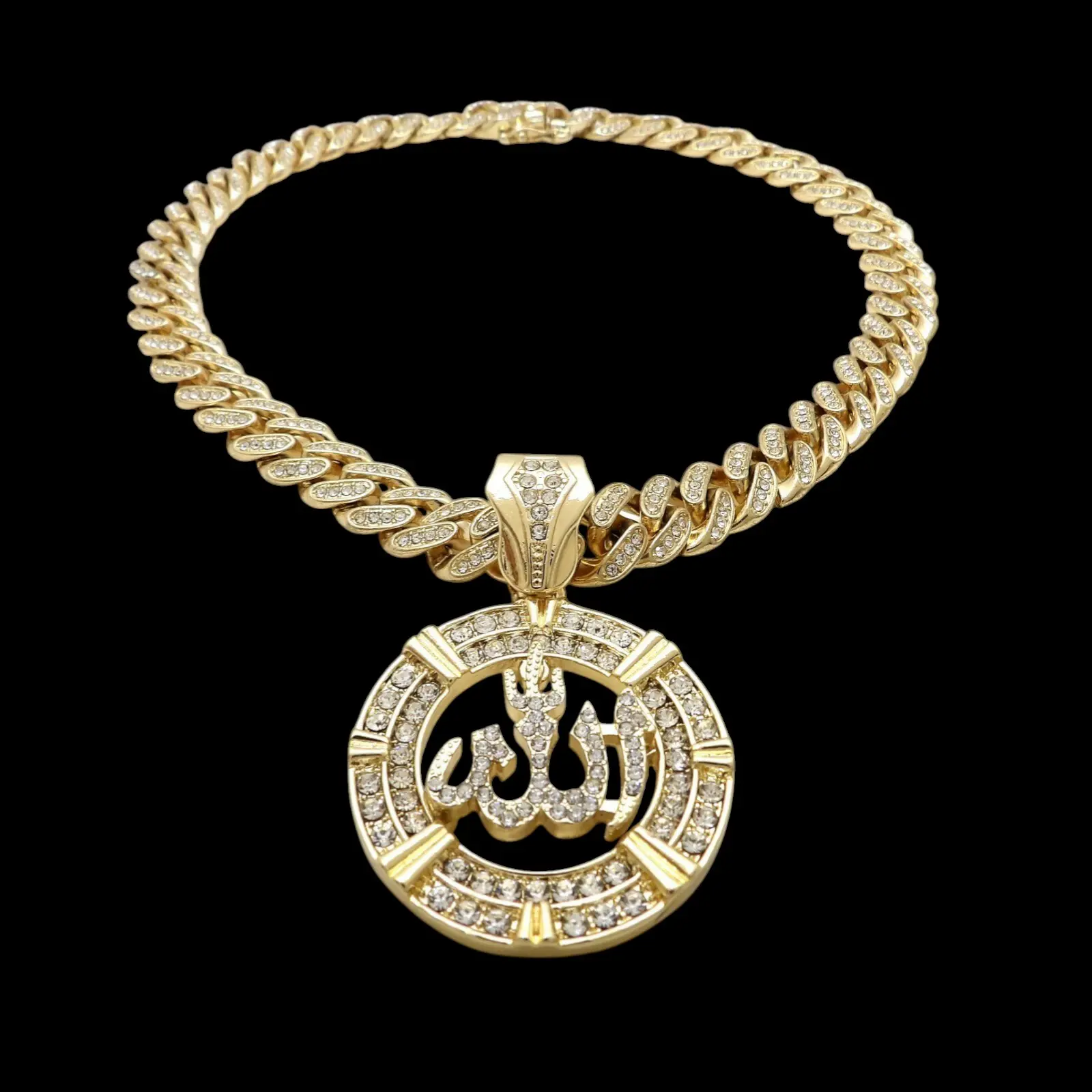 MaxBling81 Men's Allah Muslim Religious Gold-Plated 13mm Medal Pendant Necklace, Iced Cubic Zirconia, Cuban Chain & Links, 18"-24" Hip Hop Daily Fashion Chain Jewelry Necklaces Accessory