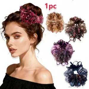 Women's Fashion Handmade Beaded Flower Hair Tie, High Elasticity Mesh Floral Hair Accessory, Perfect for Daily Wear & Parties