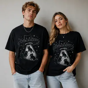 UFO/Alien Spaceship & Starry Sky Theme – "Cat Abducted by Aliens" (Retro line-art style, black background) – Unisex Fun Short-Sleeve T-Shirt (A Must-Have for Cat Lovers)