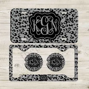 Personalized Leopard License Plate Frame Set, Monogram Car Tag & Matching Car Coasters, Animal Print Car Accessories, Custom Name Car Decor Gift