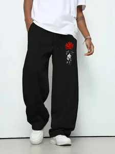 Men's Streetwear Wide-Leg Sweatpants | Red Rose & Skull Skeleton Hand Graphic, Loose Fit | Comfortable Casual Pants, Y2K Trendy Style, TikTok Viral Fashion for Urban & Street Style Enthusiasts
