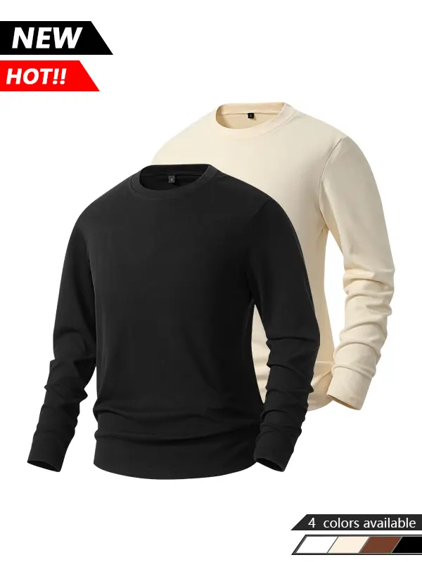 2-pack men’s autumn essential solid-color thermal fleece pullover tops, crew neck long sleeves, comfortable and soft casual wear, suitable for everyday home life