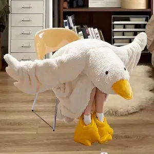Cartoon Big Goose Robe Coral Fleece Hooded Pajama Funny Duck Cosplay Couple Nightgown Plush Sleepwear Home Clothes