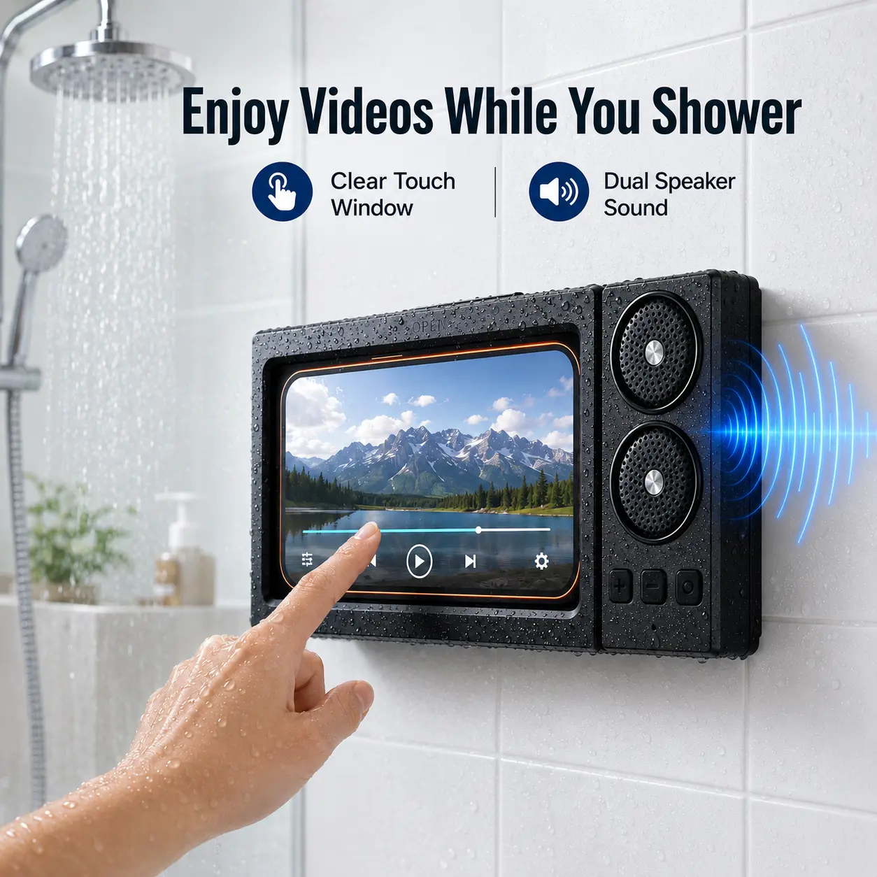 Wall-Mounted Shower Phone Holder with Dual Speakers, Water-Resistant Bathroom Phone Stand with Clear Touchscreen Window