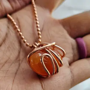 2.4mm Ball Chain Carnelian Crystal Pendant Necklaces 24 Inches, Thick 14 Gauge Copper Wire Wrapped Jewelry, Vitality and courage, Creativity and motivation, Passion and confidence [Made-to-Order]