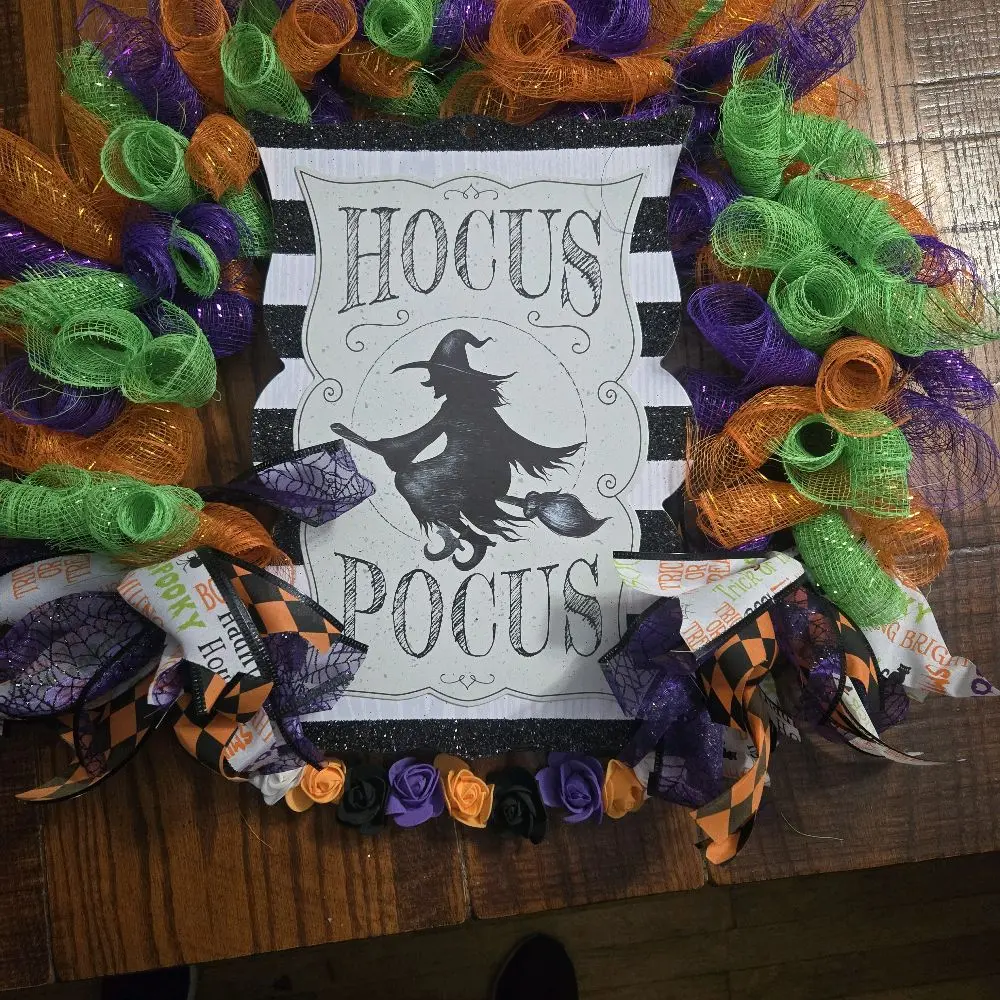 Hocus Pocus Wreath with Halloween Theme, Wreath Design, Colorful Accents, and Unique Decorative Elements