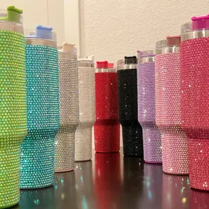 New Super Cute Rhinestone Bedazzled 40 oz Stainless Steel Tumbler With Matching Handle - Drinkware Water Bottles Portable Flasks Bottles Bottled