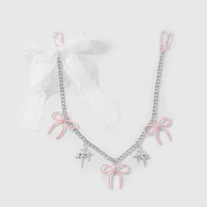 1 piece sweet, refined, fashionable, versatile silver chain with white lace ribbon, bow, stars, rhinestones, and cherries; double-layer chain DIY bag charm suitable for girls’ everyday wear and as a holiday gift.