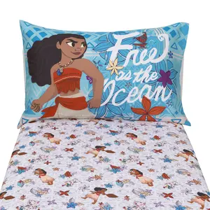 Disney Moana Free as the Ocean Aqua, Purple, Orange, and White Tropical 2 Piece Toddler Sheet Set - Fitted Bottom Sheet and Reversible Pillowcase