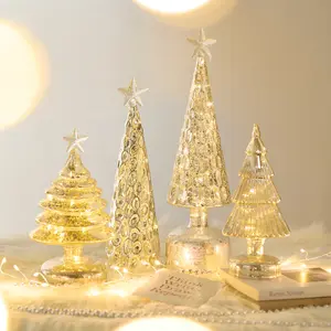 [4 pack] New Holiday Decorations, Glass Christmas Tree, Champagne-Colored Ornaments, Tabletop Scene Setting Props