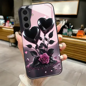 Ebony - Heart Rose pattern Black Frame Glass Protective Phone Case Protector suitable for Samsung Galaxy A36 A12 A13 A14 A15 A16 A23 A24 A25 A26 A32 A33 A34 A35 4G 5G new model Individual Design,Unique Phone Case，ideal holiday gift
