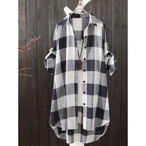 Plus Size Casual Blouse, Women's Plus Plaid Print Button Up Roll Up Long Sleeve Lapel Collar Longline Shirt Top Minimalist Short Basic Comfort Womenswear