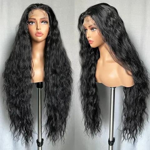 SOKU 13x6 Lace Frontal Water Wave Wigs with Baby Hair Natural Black and Brown 34 Inch / 36 Inch Long Synthetic Hair Pre-plucked Free Part Transparent Swiss Lace Front Wavy Wigs for Women Lace Closure Wig Fluffy Wave Wig