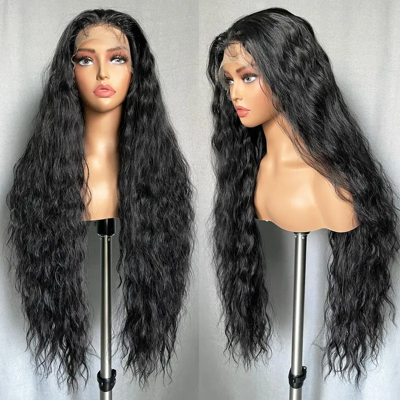 SOKU 13x6 Lace Frontal Water Wave Wigs with Baby Hair Natural Black and Brown 34 Inch / 36 Inch Long Synthetic Hair Pre-plucked Free Part Transparent Swiss Lace Front Wavy Wigs for Women Lace Closure Wig Fluffy Wave Wig